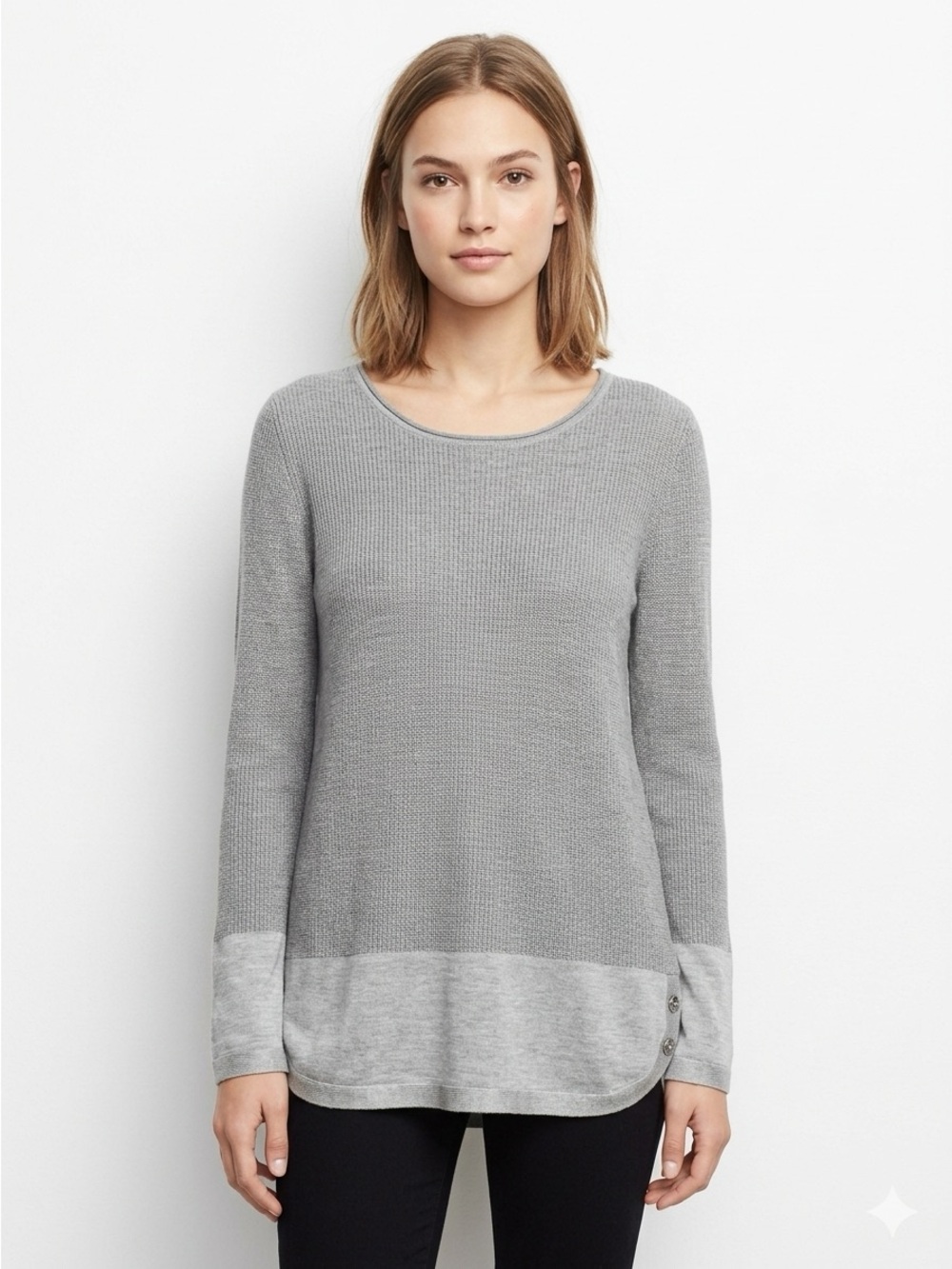 Calvin Klein Gray Waffle-Knit Scoop Neck Sweater with Contrast Hem